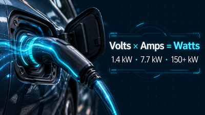 Close-up of an EV charging port with flowing cyan electrical current overlay.