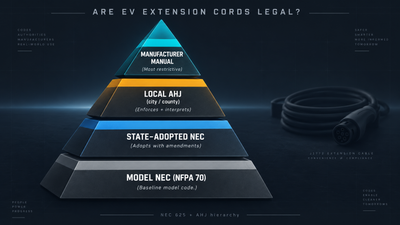 Four-layer legal hierarchy pyramid for EV extension cord legality: manufacturer, AHJ, state-adopted NEC, model NEC — with typical AHJ questions.
