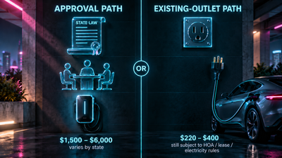 Two-path decision diagram for HOA EV charger approval — approval path via state right-to-charge law, or portable-outlet path with caveats.
