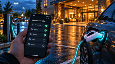 EV parked at a hotel destination charger with a driver checking a booking-verification checklist on a phone before starting an overnight charging session.