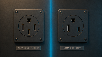 NEMA 14-50 (4-prong) and NEMA 6-50 (3-prong) receptacles side by side with labels showing which pins are hots, neutral, and ground on each.