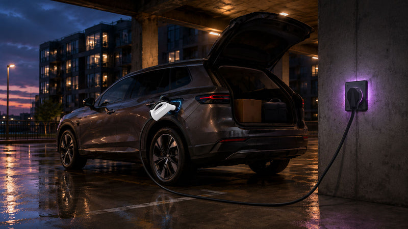 Portable EV Level 2 charger plugged into a NEMA 14-50 outlet at an apartment covered parking area, connector plugged into a modern EV