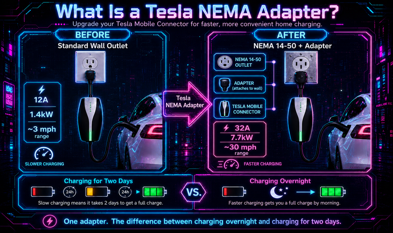 Tesla NEMA adapter infographic comparing standard wall outlet charging with faster NEMA 14-50 charging for a Tesla Mobile Connector.