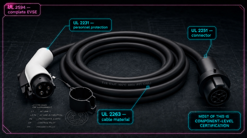 UL 2263, UL 2251, UL 2231, and UL 2594 standards mapped onto an EV charging cable — decoder chart showing which certification covers each part.