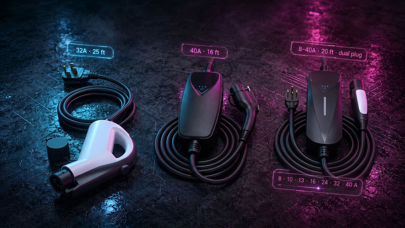 WenStorm 32A, Lectron J1772 40A, and Lectron NACS 8–40A portable Level 2 EV chargers compared side by side, showing the connector-integrated design (WenStorm) versus mid-cable-control-box design (Lectron).