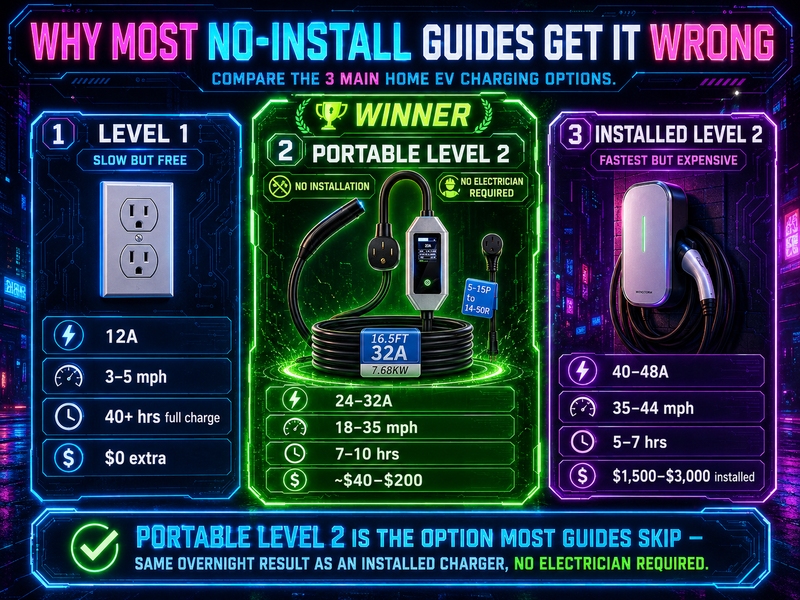 EV home charging options comparison — Level 1 vs portable Level 2 vs installed