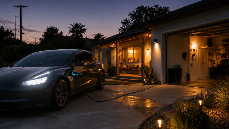 Airbnb EV charger playbook cover — portable Level 2 in driveway at guest arrival