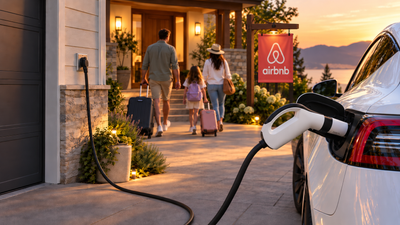 Vacation-rental property at dusk with an EV plugged in charging via a portable Level 2 unit clipped near the garage — Airbnb EV-charging amenity scene.