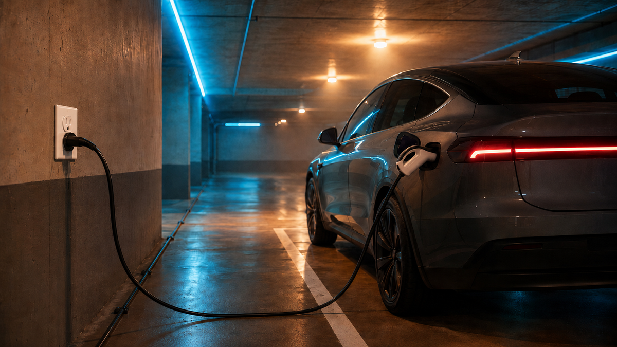 Electric car plugged into a portable Level 2 charger in an apartment building's shared garage, illustrating everyday apartment EV charging in 2026