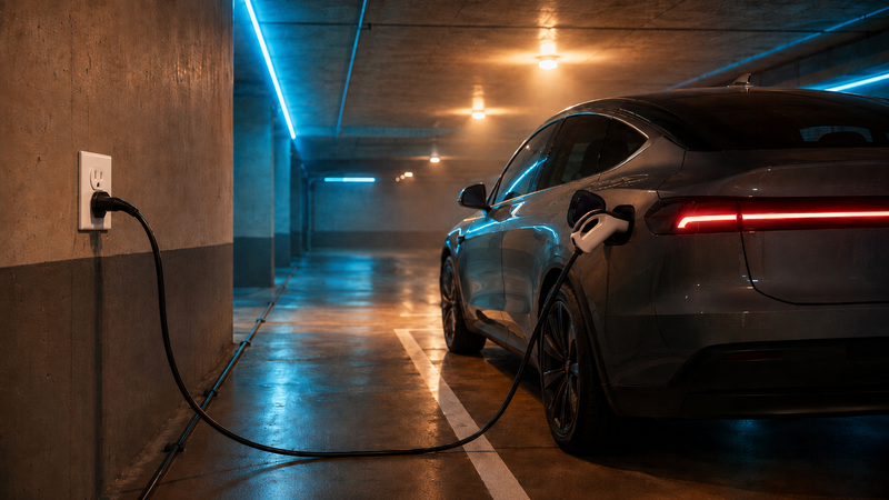 Electric car plugged into a portable Level 2 charger in an apartment building's shared garage, illustrating everyday apartment EV charging in 2026