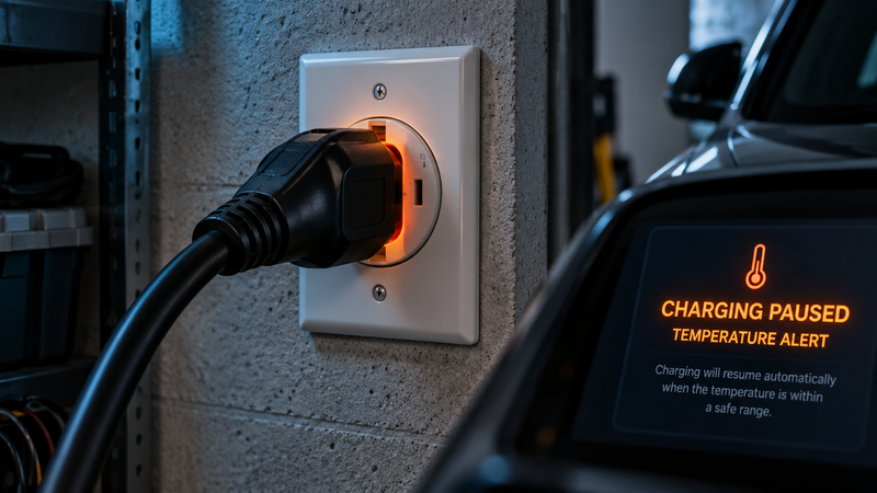 240V charging cable connected to a household wall receptacle with warning glow at the plug interface — the NHTSA 23V-841/842 recall focus.