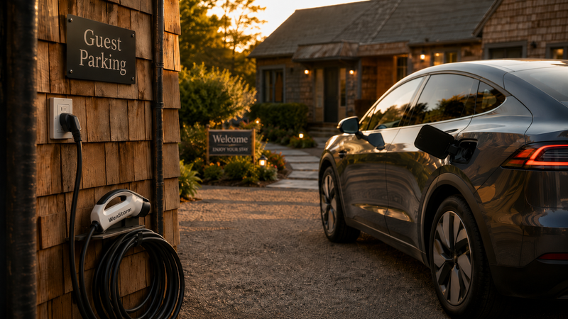 Portable EV charger plugged into a 240V outlet at an Airbnb rental property with an EV parked in the driveway — no permanent install.