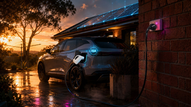 Portable EV charger with Type 2 connector plugged into an EV in an Australian suburban driveway with rooftop solar, illustrating solar-friendly 15A home charging.