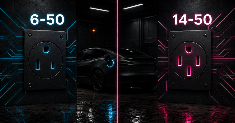NEMA 6-50 receptacle (3 prongs, glowing cyan) on the left and NEMA 14-50 receptacle (4 prongs, glowing magenta) on the right