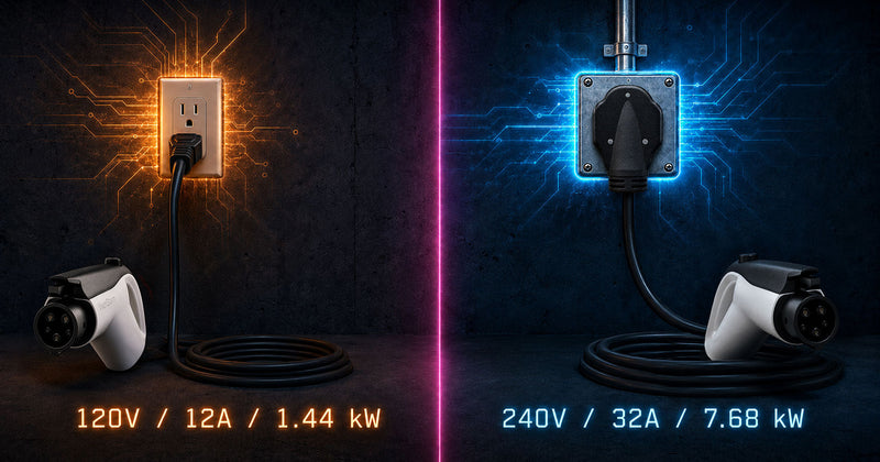 Split comparison of a Level 1 charger plugged into a 120V outlet on the left and a Level 2 portable EVSE plugged into a 240V NEMA 14-50 on the right, with a stopwatch overlay showing hours-to-charge on each side