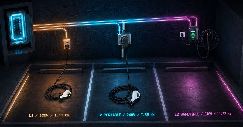 Overhead view of a residential garage with three parking spaces, each labelled with a different charging setup — Level 1 on 120V, portable Level 2 on NEMA 14-50, and hardwired Level 2 on the wall 