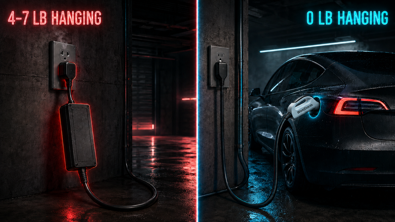 WenStorm 32A portable EV charger with control electronics integrated into the vehicle-side connector handle.