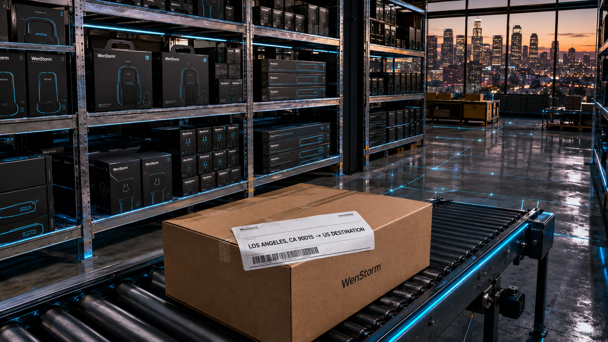Stylized parcels labeled with U.S. carrier branding on a matte-black conveyor line with glowing cyan delivery route arcs across a U.S. map outline, in a cyberpunk industrial style.