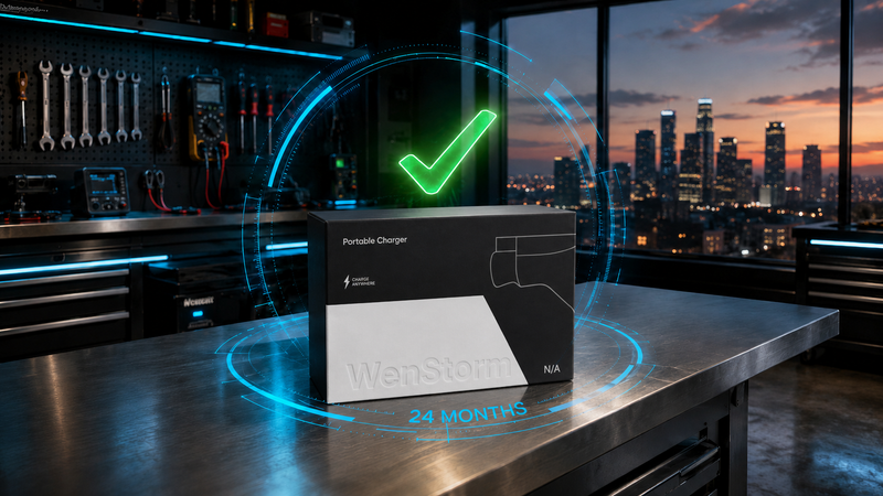 A WenStorm shipping box with a floating green approval checkmark and a glowing cyan 24-month ring around it, on a brushed steel workspace with LA skyline through a window.