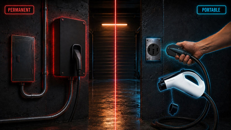 hardwired EV charger on a garage wall vs WenStorm portable charger plugging into a NEMA 14-50 outlet.