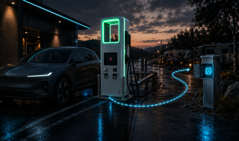 Stylized cyberpunk highway scene: offline DC fast-charging station with a dashed fallback route to a neon-cyan RV park NEMA 14-50 pedestal.