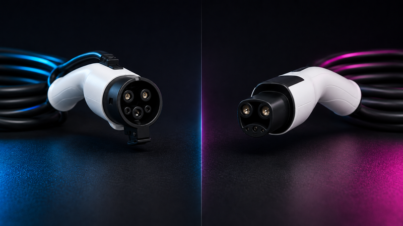 J1772 and Tesla/NACS EV extension cable connector heads side by side with silver-plated pins, showing the two connector standards WenStorm sells