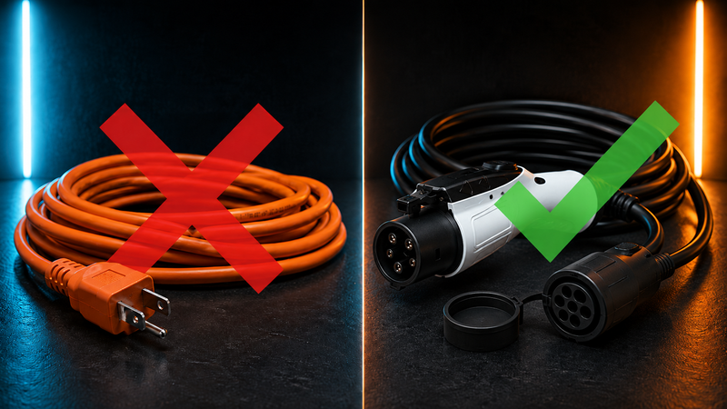 Two extension cords side by side — orange household cord marked with red X, J1772 EV charging cable marked with green checkmark