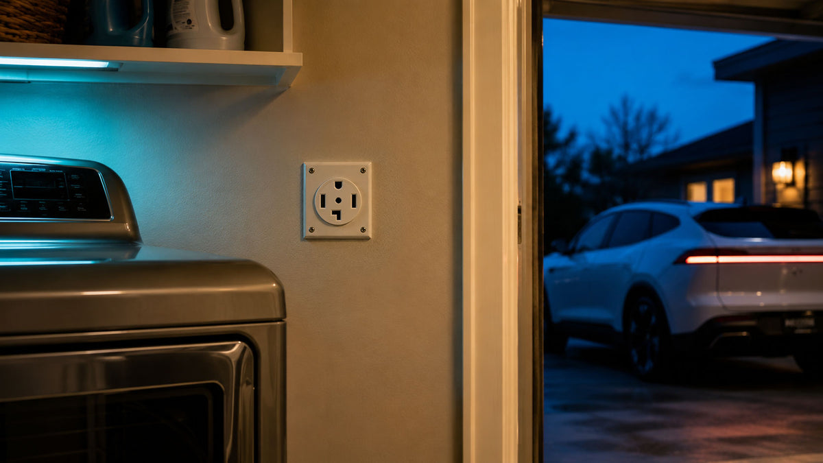Electric vehicle parked near a home laundry area with a NEMA 14-30 dryer outlet visible on the wall, illustrating the reader question