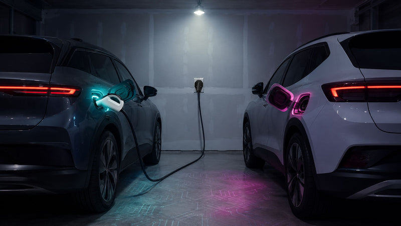 Two electric vehicles parked side by side sharing a single wall outlet at night