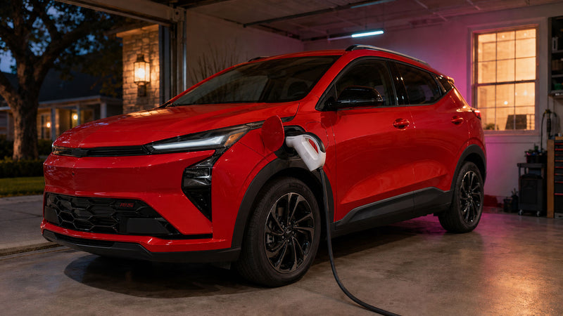 Chevrolet Bolt EV or EUV parked in a home garage with a portable Level 2 EV charger connected via J1772, healthy green charging status LED