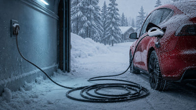 Stiff EV charger cable holding a rigid curved shape in a cold winter driveway between a wall receptacle and an electric vehicle's charge port