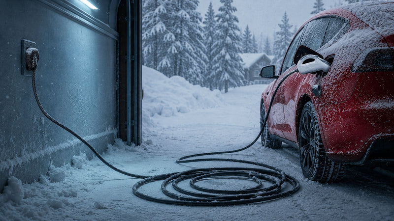 Stiff EV charger cable holding a rigid curved shape in a cold winter driveway between a wall receptacle and an electric vehicle's charge port
