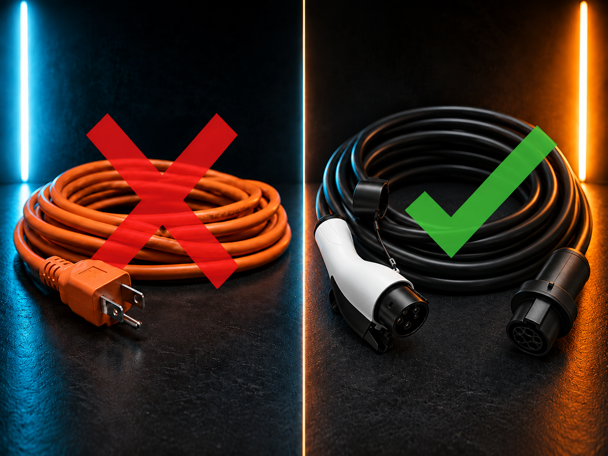 Two extension cords side by side — orange household cord marked with red X, J1772 EV charging cable marked with green checkmark