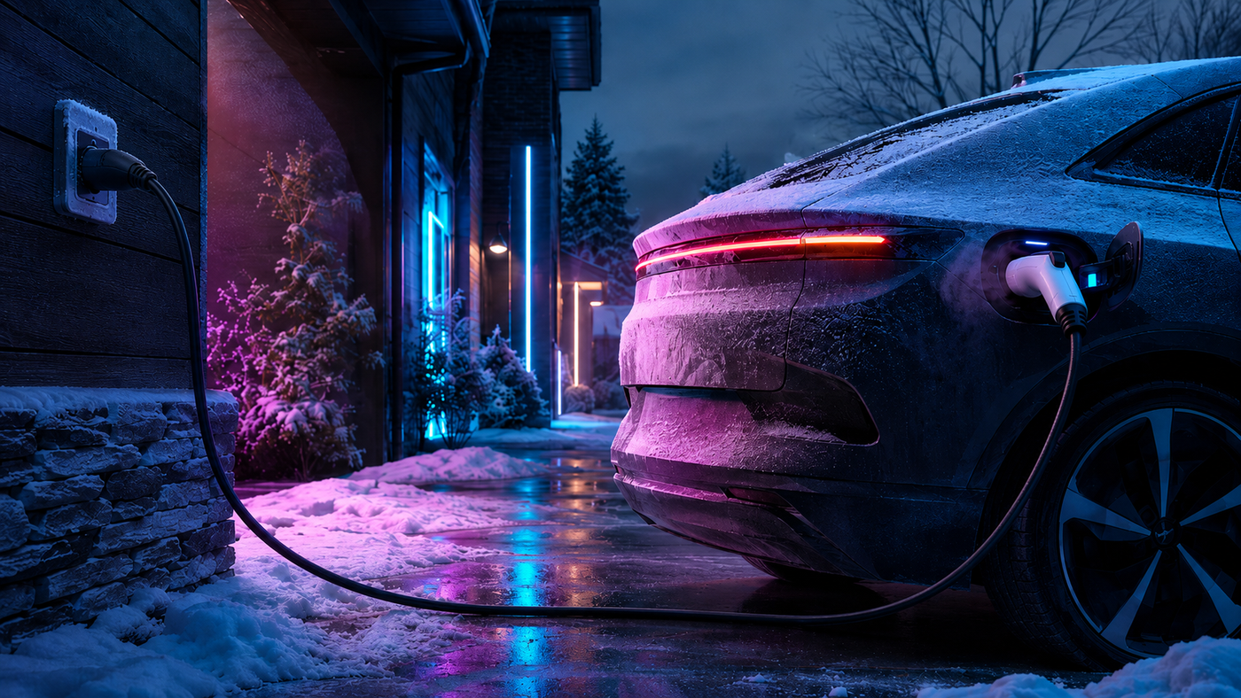 EV plugged in and charging on a snow-covered driveway at dawn showing cold-weather conditions