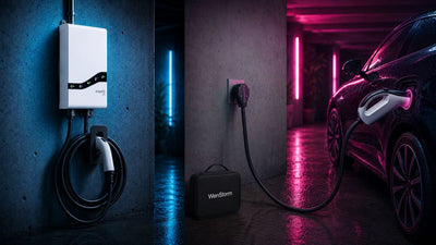 Side-by-side comparison of the Emporia Pro wall-mounted EV charger and the WenStorm portable EV charger with electronics in the connector handle