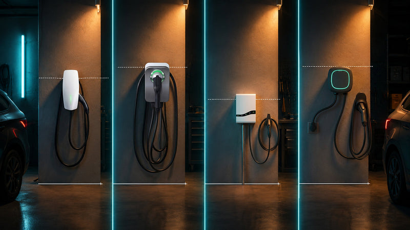 Wall-mounted EV charger being planned for installation in a home garage with measuring tape and installation manual on a workbench, illustrating planning