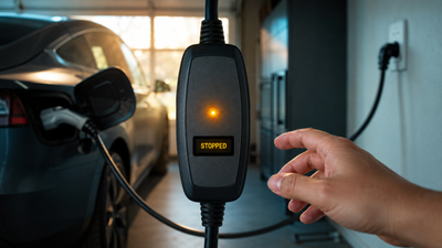 Portable Level 2 EV charger control box with amber warning LED and a readable STOPPED indicator, a homeowner's hand reaching to unplug it