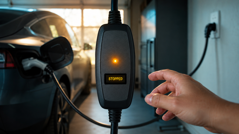 Portable Level 2 EV charger control box with amber warning LED and a readable STOPPED indicator, a homeowner's hand reaching to unplug it