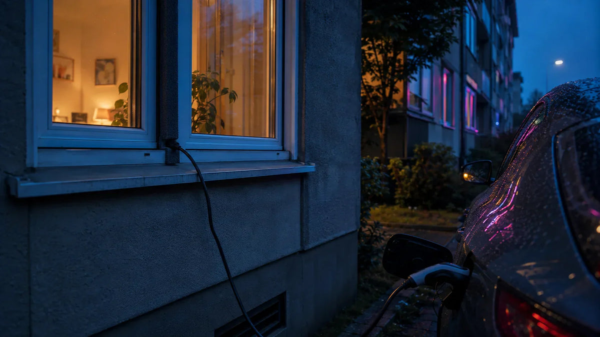 EV charger cable running safely through an apartment window to a car parked outside at dusk