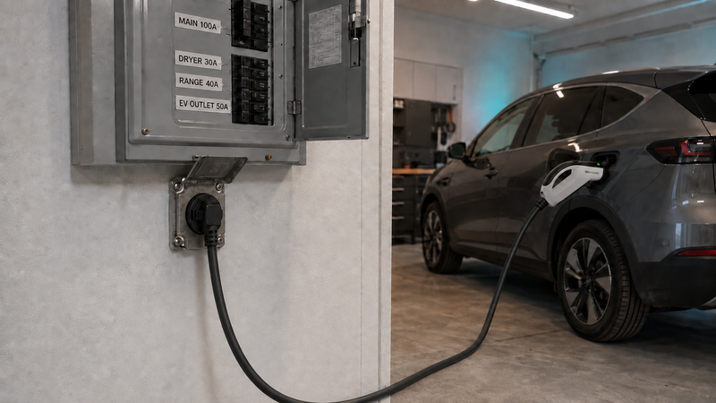 EV charging cable plugged into a 240V dryer outlet in a residential garage next to an electrical panel showing 100A service.