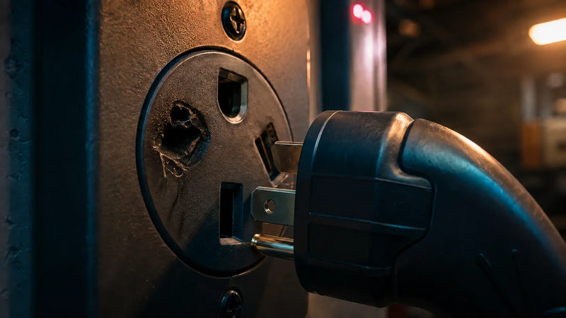 Close-up of a NEMA 14-50 wall receptacle with a portable EV charger plug being inspected for heat marks and discoloration, illustrating outlet wear
