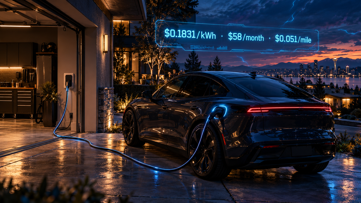 EV plugged into a 240-volt residential outlet at night with HUD overlay showing 2026 electricity rate, monthly cost, and per-mile cost