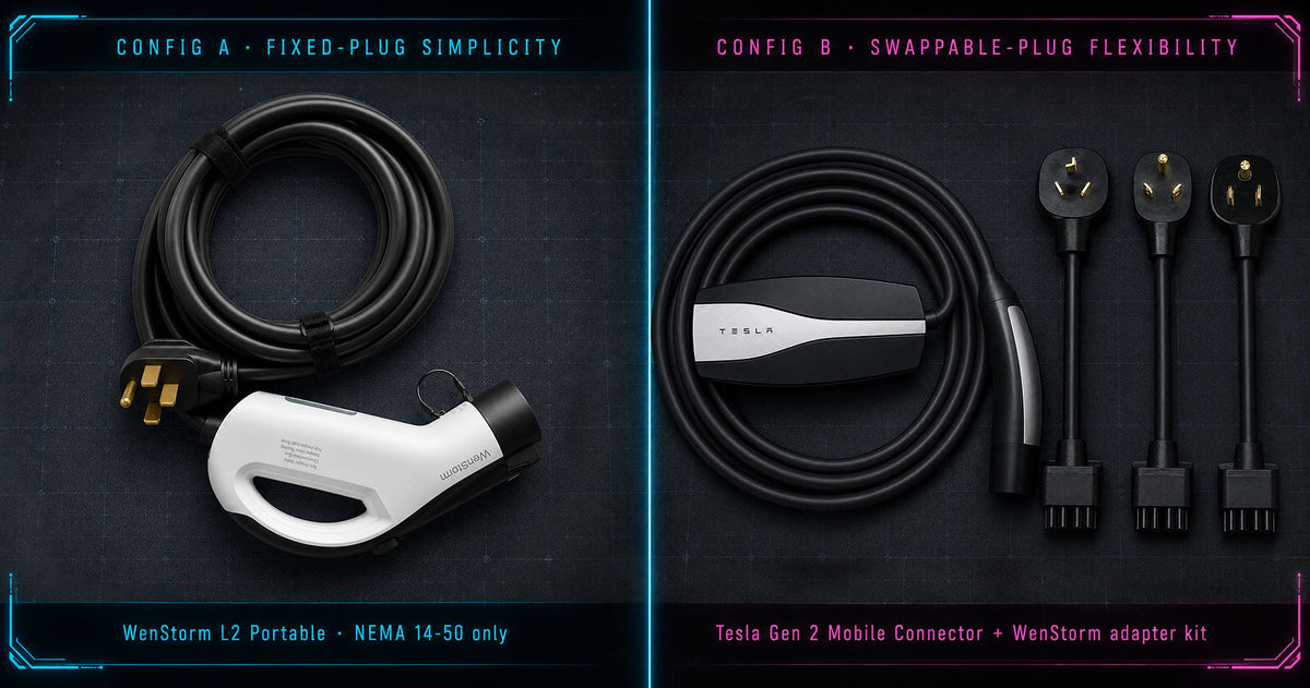 Two-configuration EV road-trip anchor chargers: WenStorm L2 fixed-plug versus Tesla Gen 2 Mobile Connector with adapter kit 
