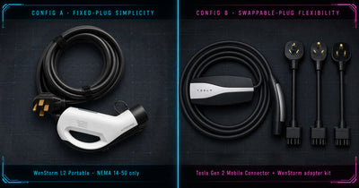 Two-configuration EV road-trip anchor chargers: WenStorm L2 fixed-plug versus Tesla Gen 2 Mobile Connector with adapter kit 