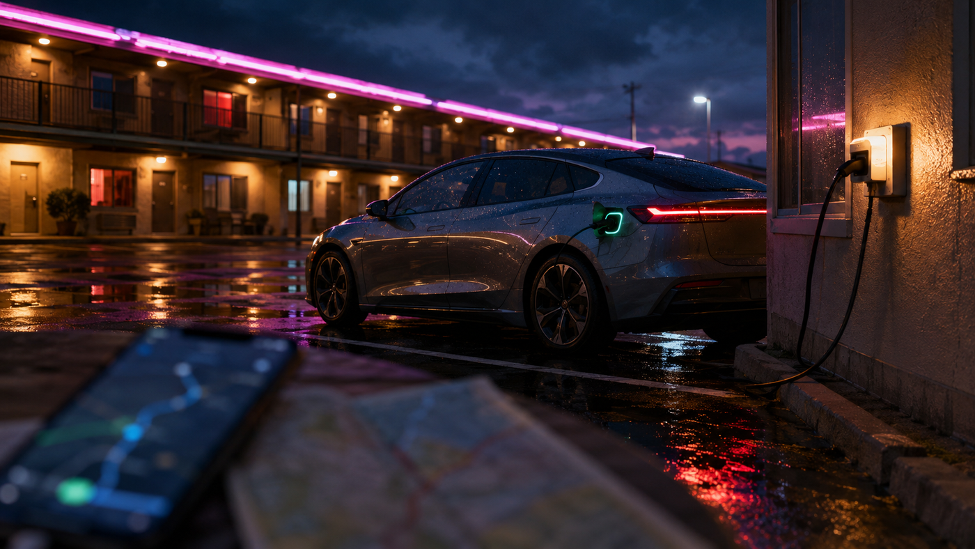 EV road trip charging overnight at a motel outdoor outlet at dusk