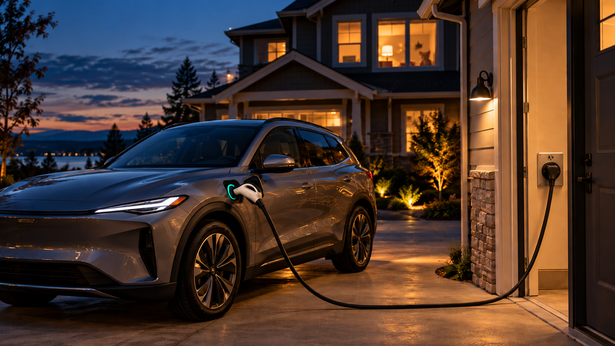 Family EV plugged into a wall-mounted NEMA 14-50 outlet overnight at a vacation home while kids sleep inside — a first EV road trip with kids