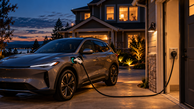 Family EV plugged into a wall-mounted NEMA 14-50 outlet overnight at a vacation home while kids sleep inside — a first EV road trip with kids