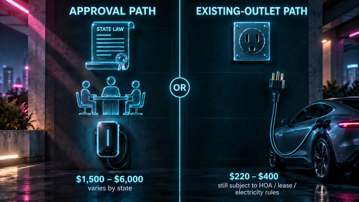 Two-path decision diagram for HOA EV charger approval — approval path via state right-to-charge law, or portable-outlet path with caveats.