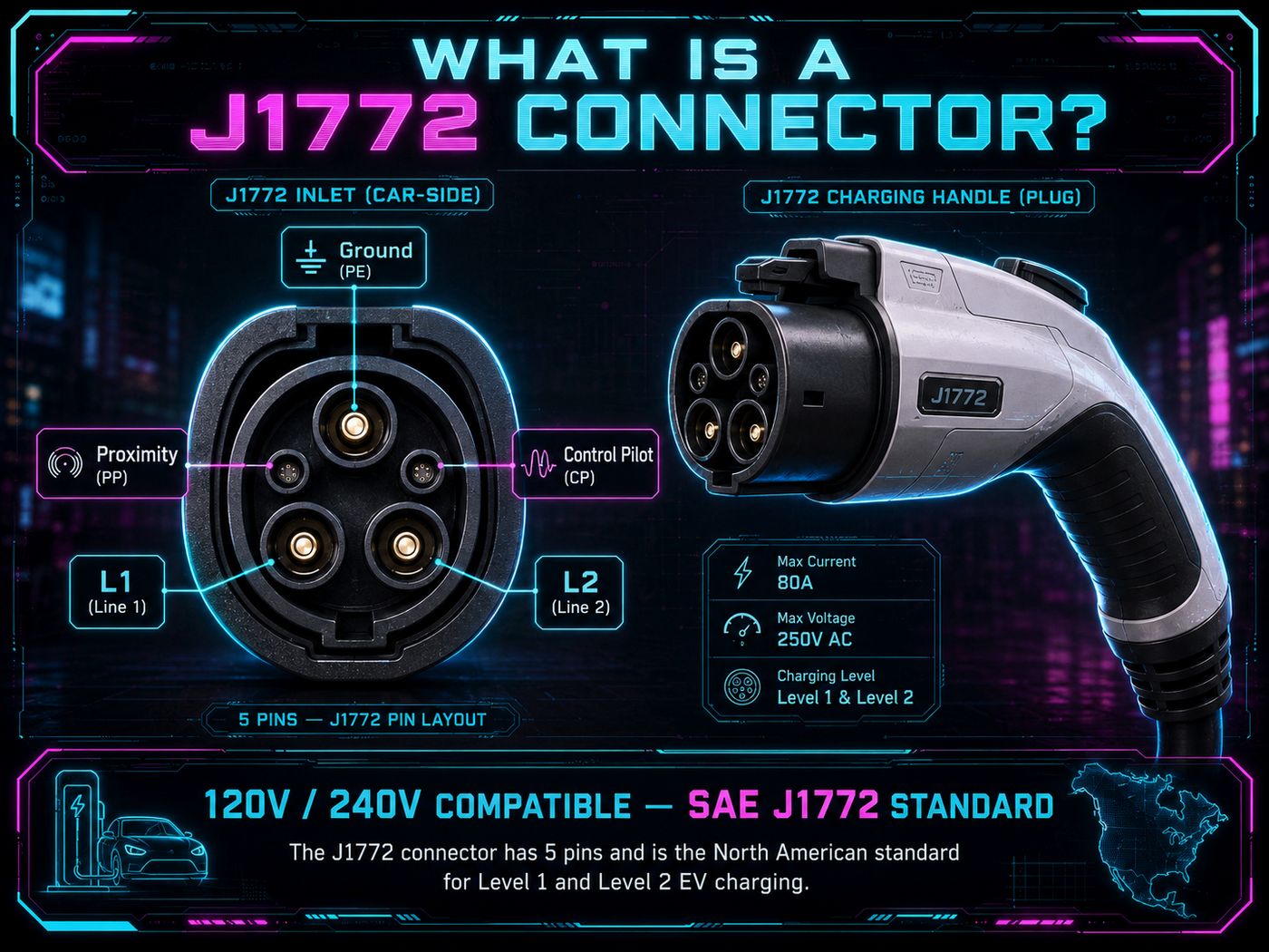 J1772 connector diagram — 5-pin standard EV charging connector used for Level 2 home charging