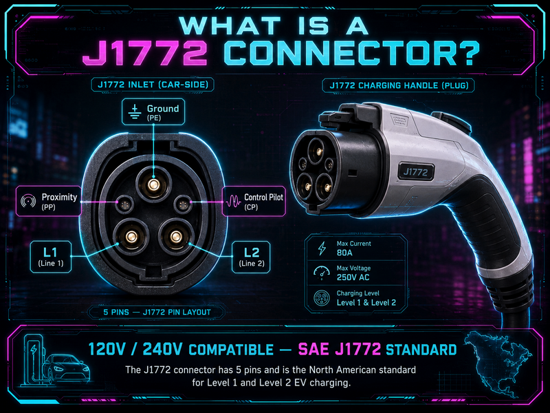 J1772 connector diagram — 5-pin standard EV charging connector used for Level 2 home charging